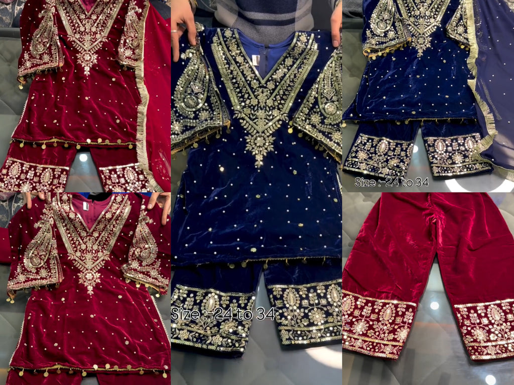 Pack of 2 Velvet Embroidery 3pcs Suits  💖