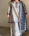 Elegant Printed 3-Piece Lawn Suit – Ivory & Blue