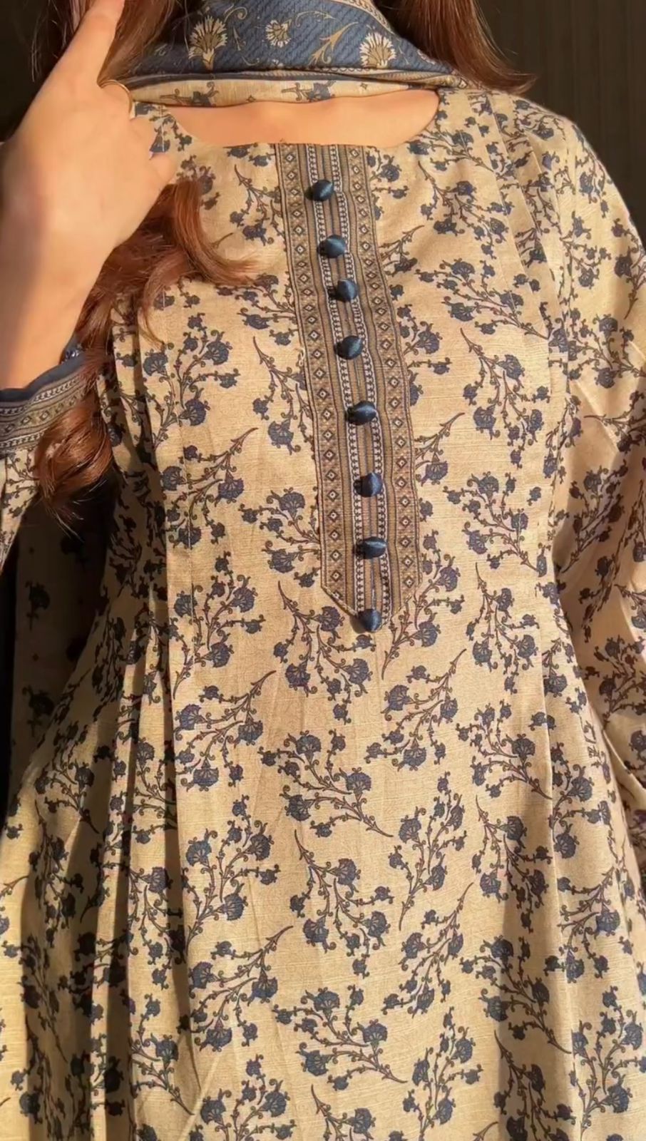 Elegant Printed 3-Piece Lawn Suit – Ivory & Blue