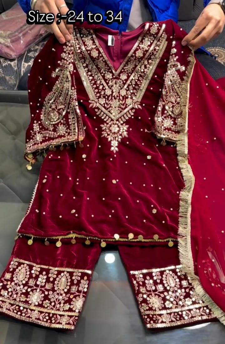 Pack of 2 Velvet Embroidery 3pcs Suits  💖