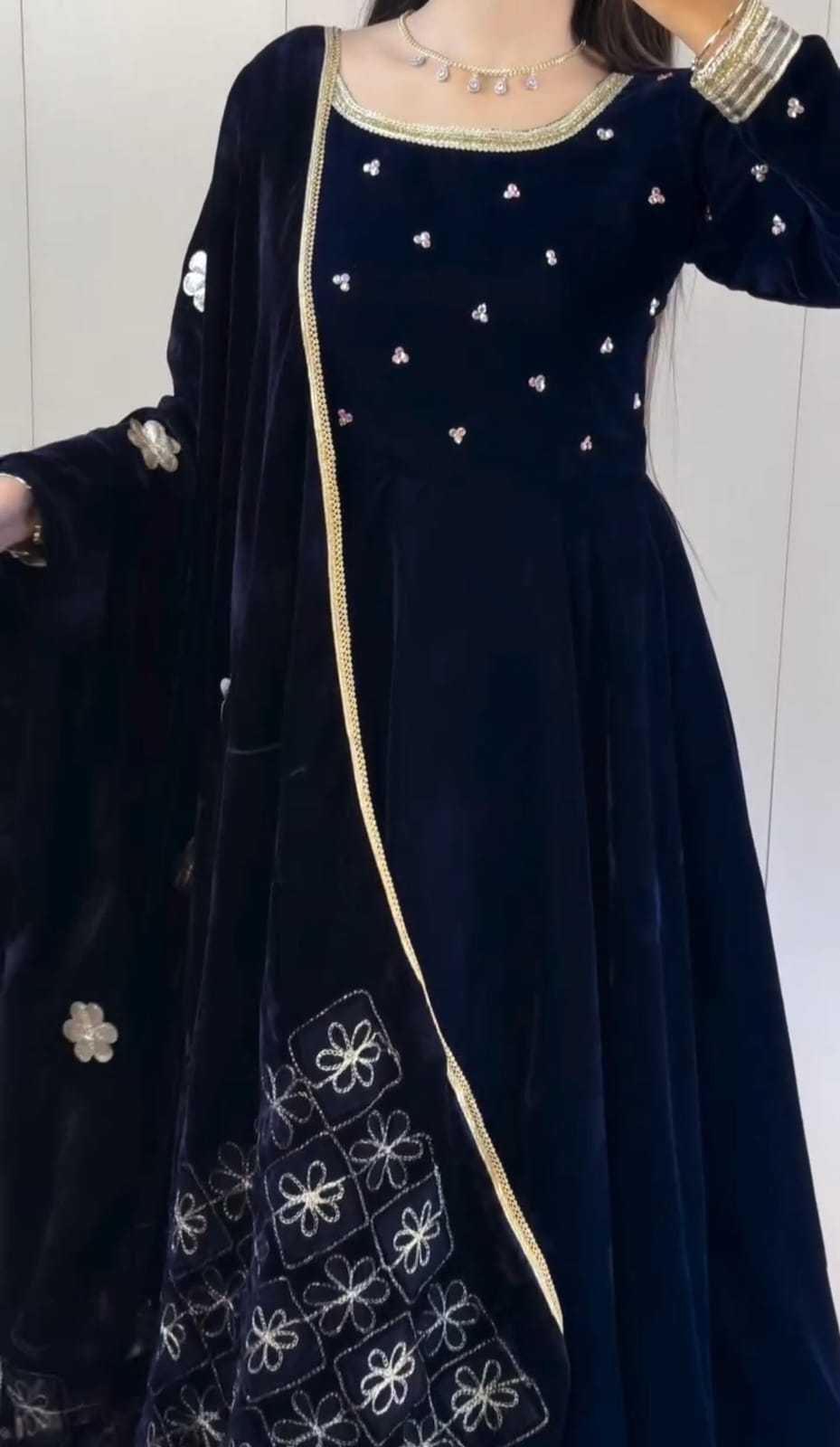 Velvet Embroidery 3pcs Frock for Women ✨