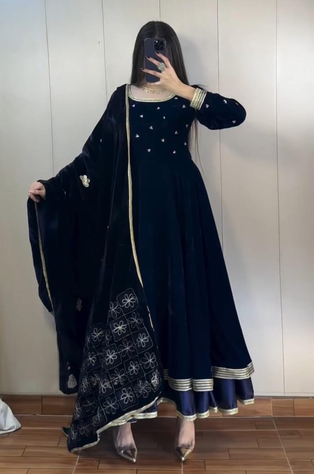 Velvet Embroidery 3pcs Frock for Women ✨