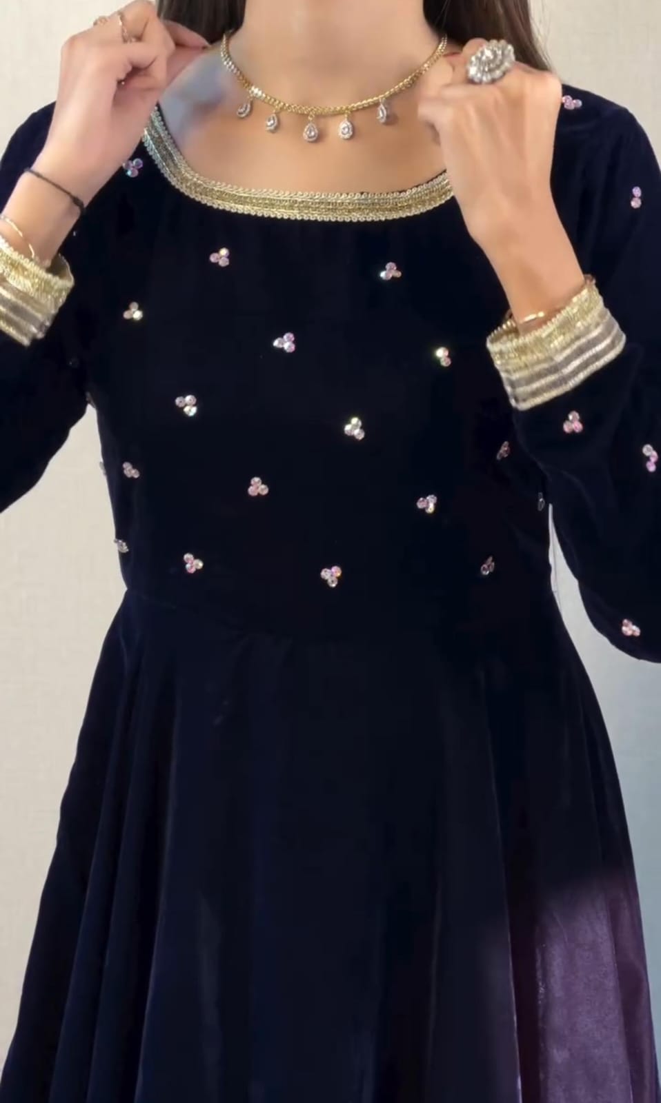 Velvet Embroidery 3pcs Frock for Women ✨