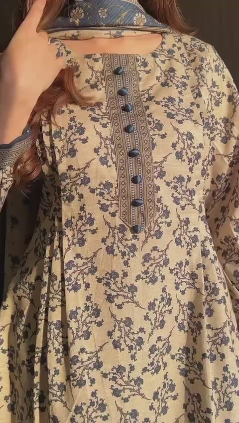 Elegant Printed 3-Piece Lawn Suit – Ivory & Blue